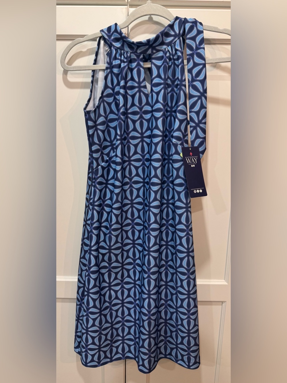 Katherine Way Navy & Light Blue Geometric Halter Midi Dress